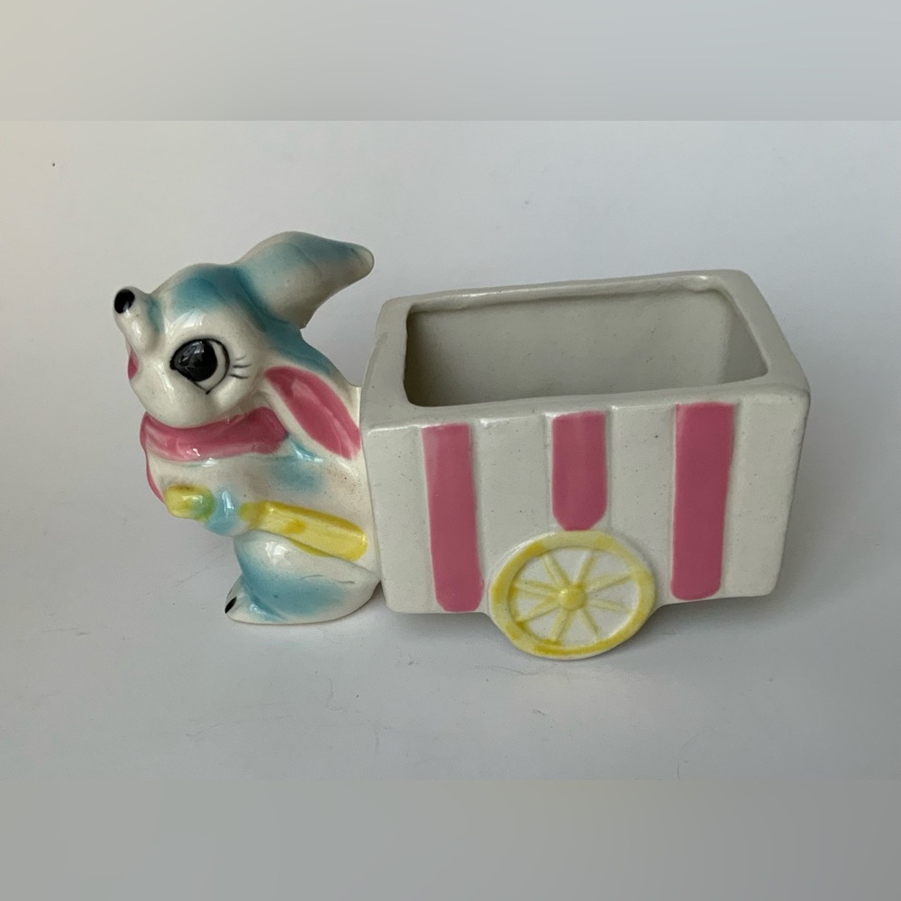 Vintage Ceramic Bunny Cart Planter